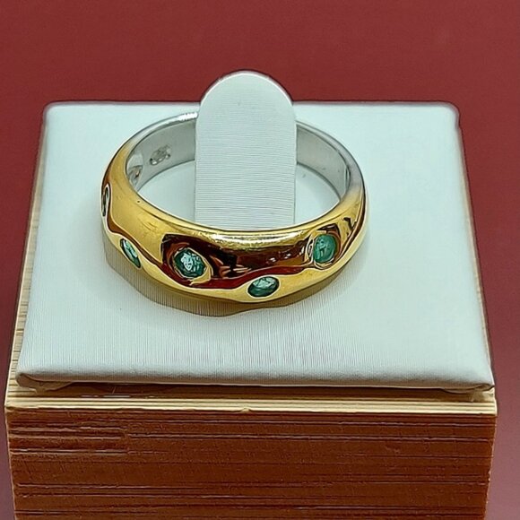 Natural Emerald 14K Yellow Gold on 925 Sterling‎ Silver Ring Sz 7 - Picture 1 of 12